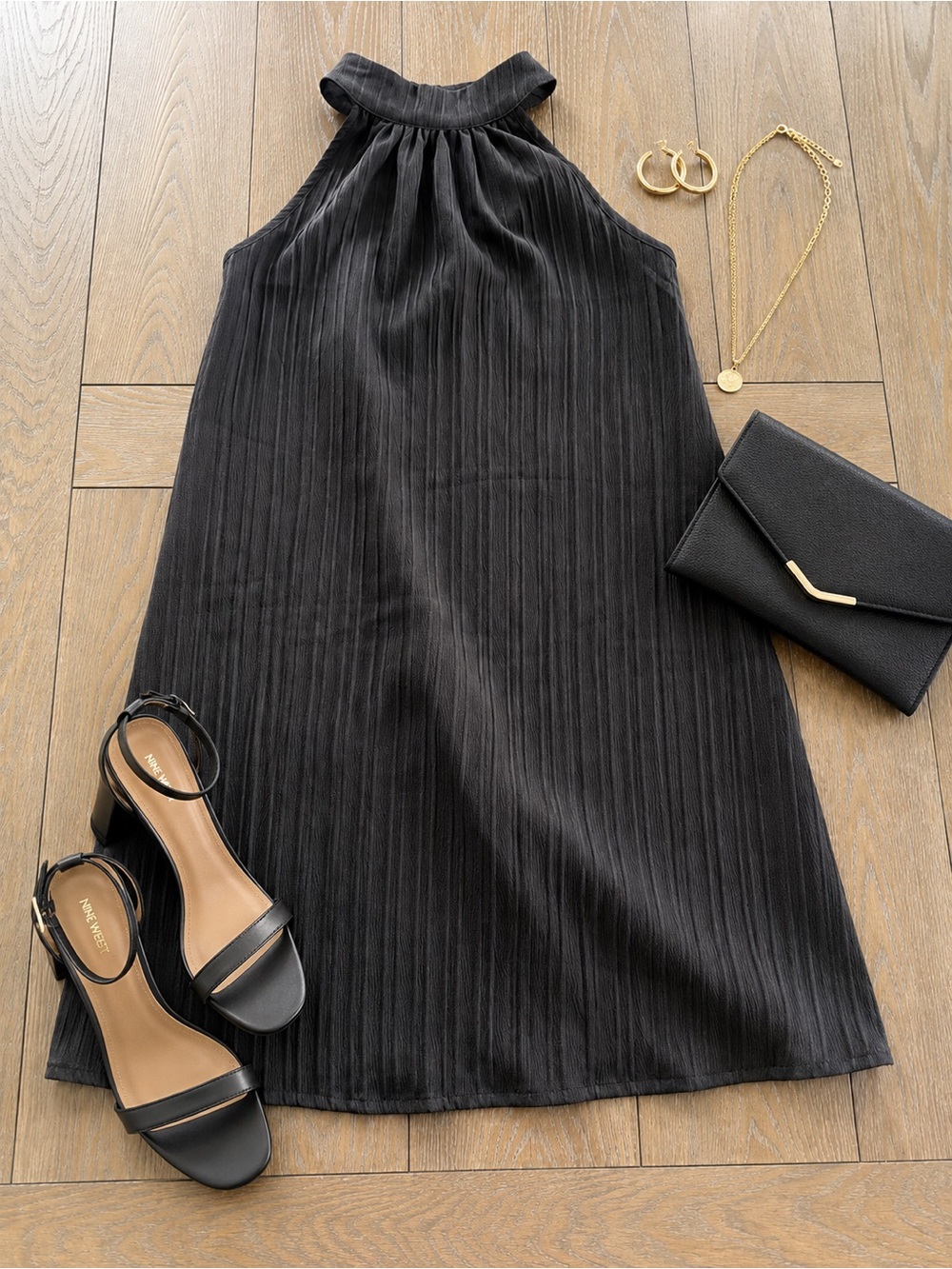 Women’s Black Textured Halter Neck Sleeveless A-Line Midi Dress Size Sma